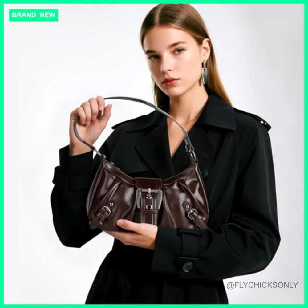 Vegan Leather Hobo Shoulder Bag with Zipper and Buckle Closure